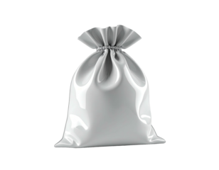 Tied, glossy white sack; crumpled top