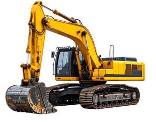Yellow excavator isolated on black, bucket extended to left
