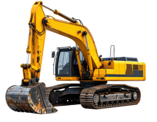 Yellow excavator isolated on black, bucket extended to left