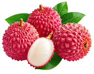 Lychees with green leaves, one peeled revealing juicy white flesh