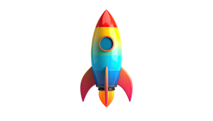 Rainbow striped rocketship on black. Simple, vibrant, graphic