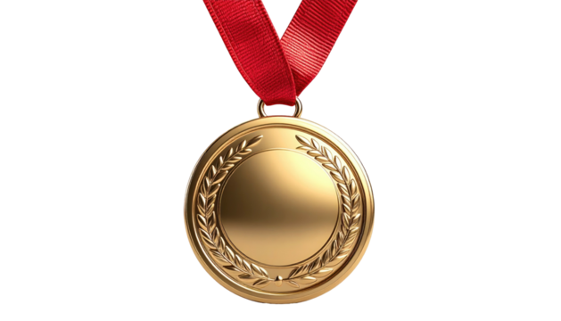 Shiny gold medal hung on red ribbon, set on black background