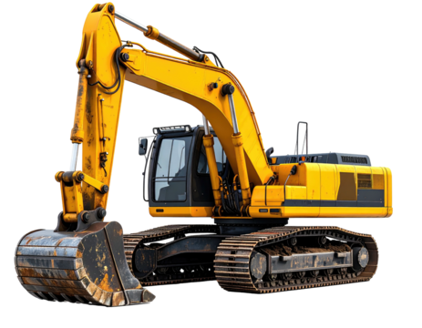 Yellow excavator isolated on black, bucket extended to left