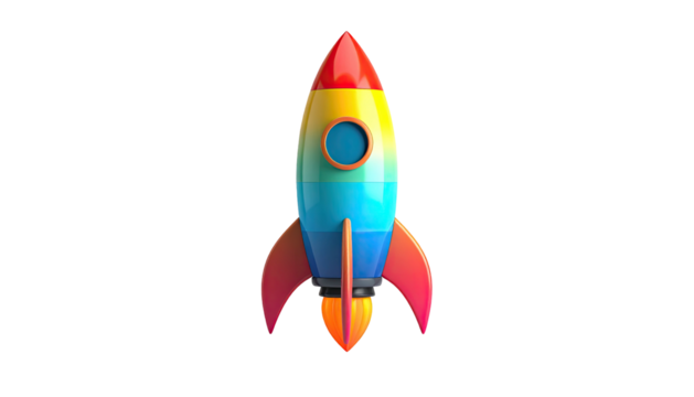 Rainbow striped rocketship on black. Simple, vibrant, graphic