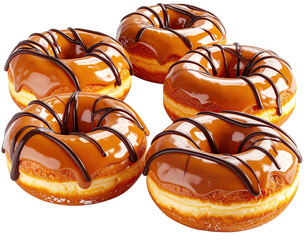 Five doughnuts with caramel glaze and chocolate drizzle topping