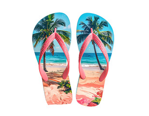 Beach scene captured on flip-flops; summer footwear on black