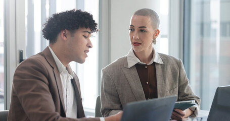 Conversation, planning and tablet with business people in office for development or feedback. App,...