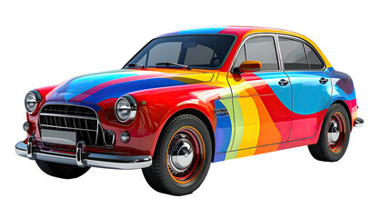 Car painted colorful stripes. Classic vehicle, black background