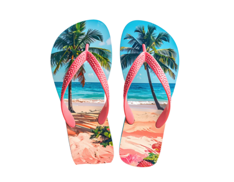 Beach scene captured on flip-flops; summer footwear on black