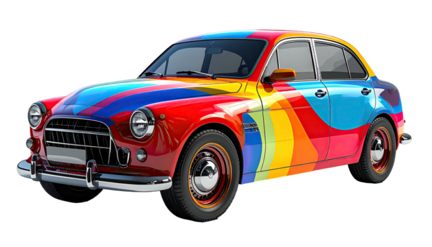 Car painted colorful stripes. Classic vehicle, black background