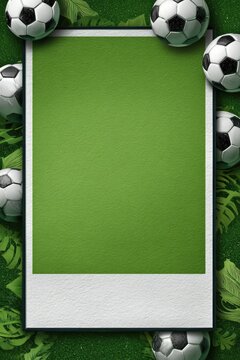 A blank, green, polaroid-style photo frame is surrounded by soccer balls and tropical leaves against a textured green background