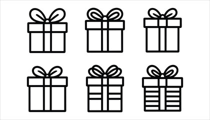 Six simple black line art gift boxes with bows on white background present box