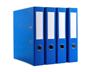 Row of four blue ring binders with white labels