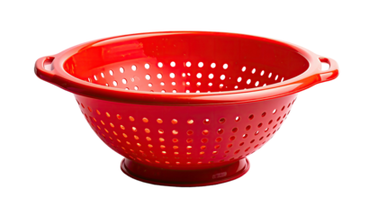 Red plastic colander with holes, stands on a small pedestal