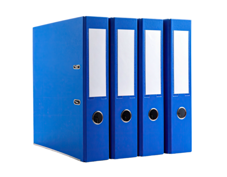 Row of four blue ring binders with white labels