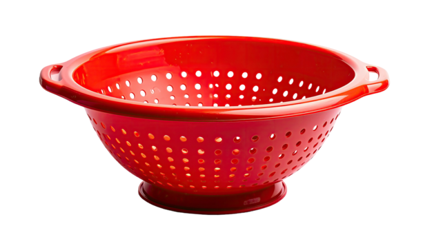 Red plastic colander with holes, stands on a small pedestal