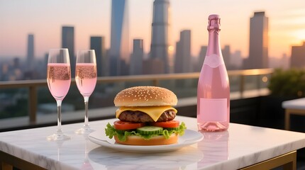Luxurious Gourmet Burger with Champagne on Rooftop at Sunset Overlooking City Skyline