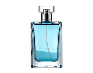 Clear blue fragrance in rectangular glass bottle against black