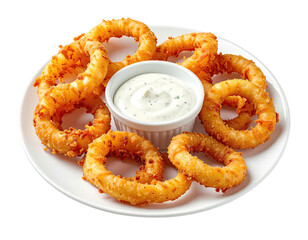 Golden fried onion rings with creamy dipping sauce on white plate