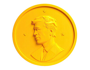 Gold coin portrait. Person's face, profile, surrounded by three stars