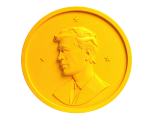 Gold coin portrait. Person's face, profile, surrounded by three stars