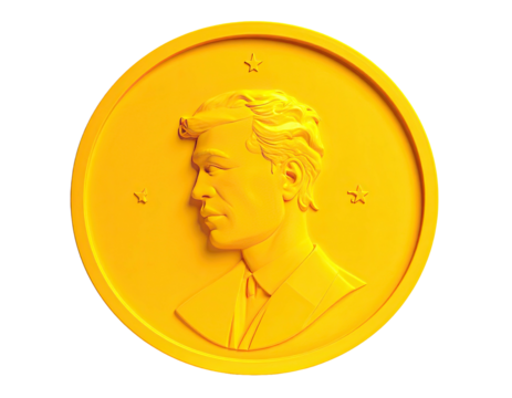 Gold coin portrait. Person's face, profile, surrounded by three stars