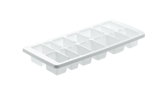 Empty white plastic ice cube tray with thirteen square molds