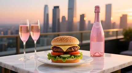 Luxurious Gourmet Burger with Champagne on Rooftop at Sunset Overlooking City Skyline