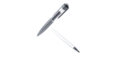 Two pens, one gray and one white, angled on a black background