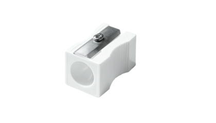 White plastic pencil sharpener with metal blade, isolated
