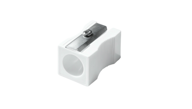 White plastic pencil sharpener with metal blade, isolated