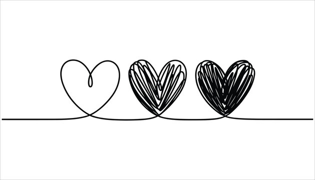 Three black hearts drawn in continuous line style on white background love symbol