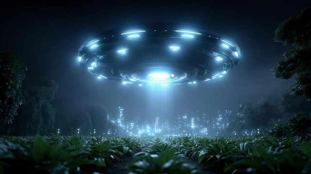 Unidentified Flying Object Hovering Over Field at Night