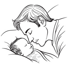 A tender moment captured in a heartwarming line drawing of a father lovingly watching over his sleeping baby