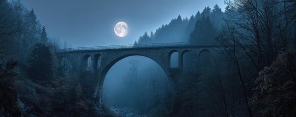 Epic spooky night with full moon misty sky concept. A serene night landscape featuring a bridge under a full moon.