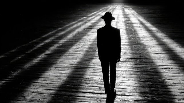 Spotlight behind country singer holding guitar concept. A lone figure in shadow, exuding mystery and introspection.