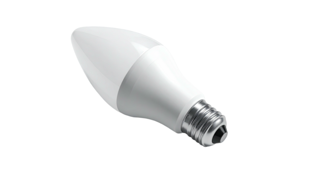 An LED bulb with white plastic casing and metal base