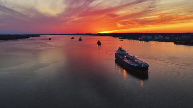 Aerial Flight Down the Delaware River through Marcus Hook, Pennsylvania at Sunset