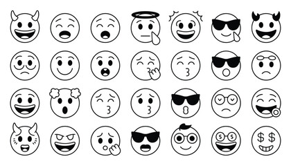 Collection of black and white outline emoji faces with various expressions and accessories emoticon icon