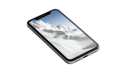 Smartphone showing winter landscape wallpaper, angled on dark