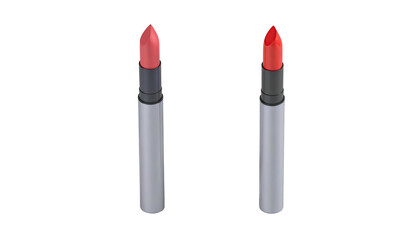 Two lipsticks with red and coral shades, silver tubes