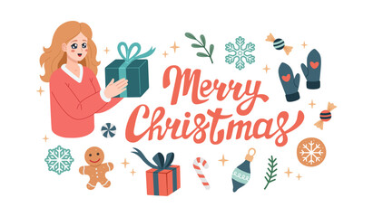 Christmas, Happy Holidays greeting card design with Manga styled girl wearing Santa Claus hat holding gift boxes. Merry Christmas lettering. Christmas vector illustration. anime style, flat design.