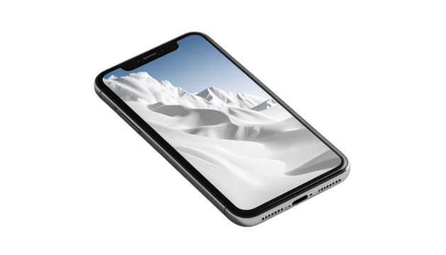 Smartphone showing winter landscape wallpaper, angled on dark