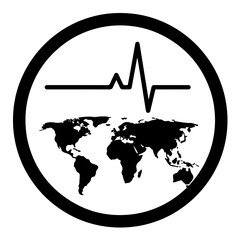 Stable World Icon. ECG line over a world map, symbolizing global health, security, and tranquility free from the threat of nuclear detonations