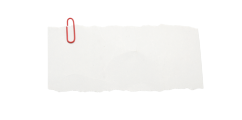 Torn White Paper Note with Red Paperclip Isolated on Transparent Background, Wrinkled blank index card note with a red paperclip for messages.