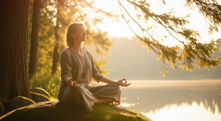 Peaceful woman practicing meditation outdoors on a moss covered rock near still water during a glorious sunrise in a serene forest setting