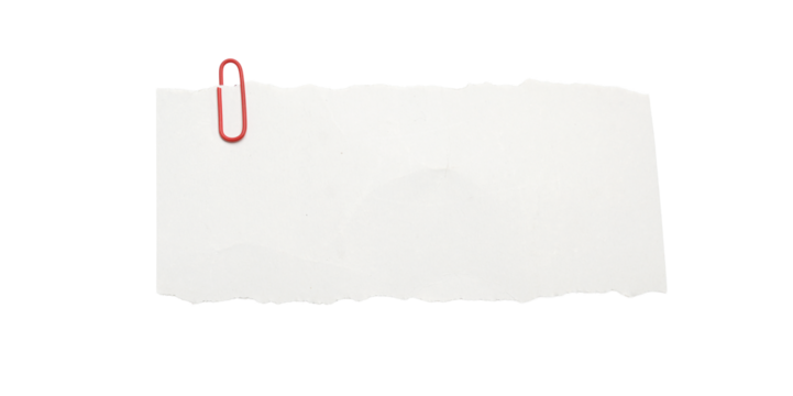 Torn White Paper Note with Red Paperclip Isolated on Transparent Background, Wrinkled blank index card note with a red paperclip for messages.
