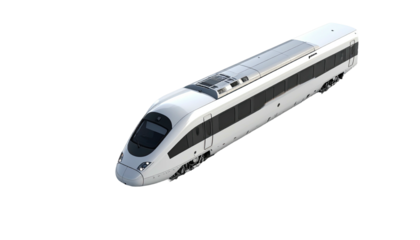 Sleek, modern white passenger train angled on a black background