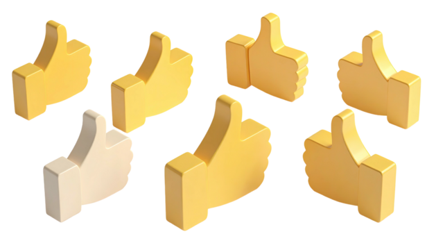 Seven thumbs-up icons, one silver, six gold, on black