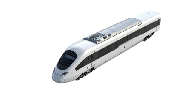 Sleek, modern white passenger train angled on a black background